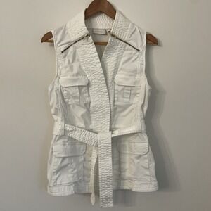 Chico's White Quilted Utility Safari Vest Size 1 M Full Zip Belted Cargo Pocket